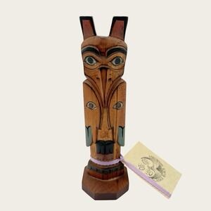 Alaska Black Diamond Handcrafted Ray Moore Signed Raven Bird Totem Pole 8.75"